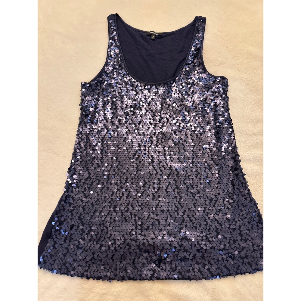 Express Women Navy Blue Sequin Tank Top Sleeveless Scoop Neck Party Blouse M